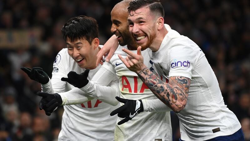 Heung-Min Son  celebrates after scoring their side’s third goal with team mates Lucas Moura and Pierre-Emile Hojbjerg Photograph:  Mike Hewitt/Getty Images