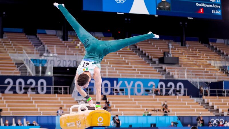 Ireland’s Rhys McClenaghan in action during the pommel horse final in Tokyo. Photograph: James Crombie/Inpho