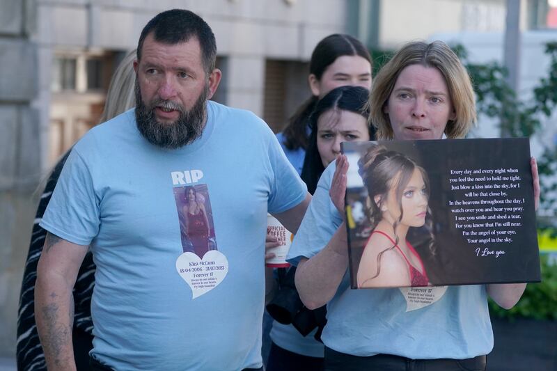Frankie and Teresa McCann, the parents of Kiea McCann, arrive at Monaghan Circuit Criminal Court, ahead of the sentencing of Anthony McGinn for dangerous driving causing the death of teenagers Kiea and Dlava Mohamed. Photograph: Brian Lawless/PA Wire