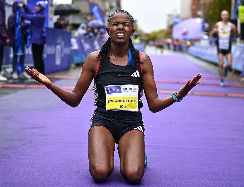 The Dublin Marathon:  Amente Sorome Negash celebrates after winning the women's event. Photograph: Sam Barnes/Sportsfile