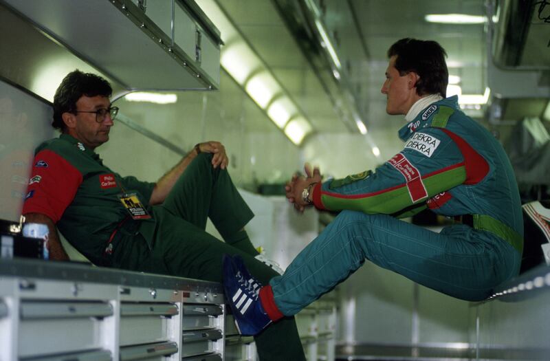 Belgian Grand Prix, 1991: Eddie Jordan and Michael Schumacher. Photograph: Hoch Zwei/Corbis via Getty