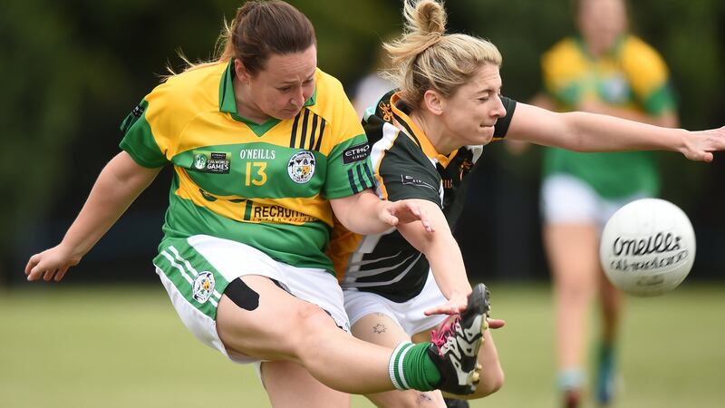 Rachel Cromie of Abu Dhabi Na Fianna in action against Ann Nolan of Australasia  at UCD in Dublin. Photograph: Cody Glenn/Sportsfile