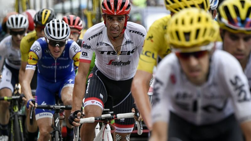 Me, in the blue, trying to make a go for the stage win but my back wouldn’t let me. Photo: Philippe Lopez/Getty Images