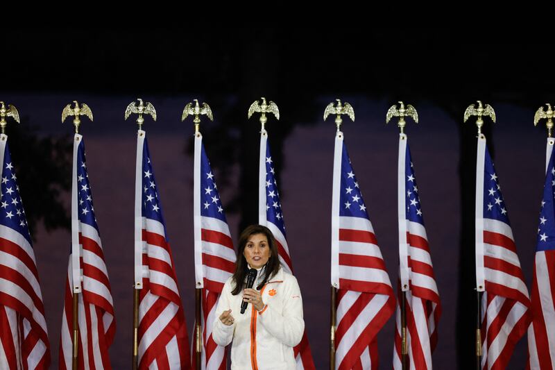 The pro-military message is one that Haley has loudly and persistently advocated through the example of her husband, Michael. Photograph: Julia Nikhinson/AFP via Getty Images