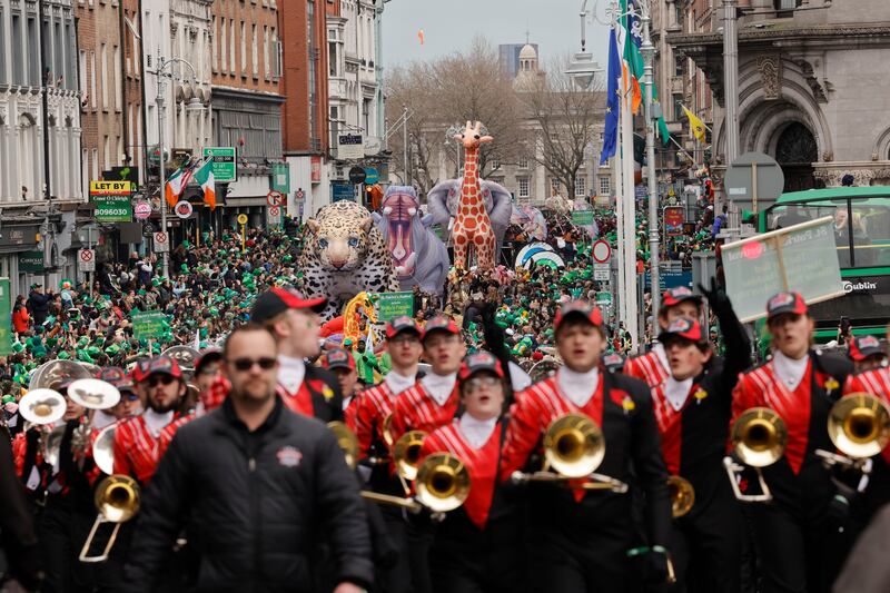 The 2025 St Patrick's Day Festival parade makes its way down Dame Street in Dublin.  Photograph: Alan Betson