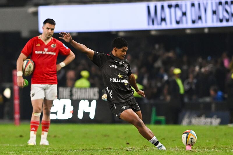 Munster's Conor Murray watches on as the Sharks' Bradley Davids take his kick during the shoot-out. Photograph: Steve Haag Sports/Darren Stewart/Inpho