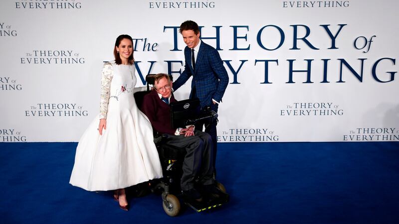British actors Felicity Jones  and Eddie Redmayne  pose with  Stephen Hawking  at the premiere of the “The Theory of Everything” in London. Photograph: Justin Tallis/Getty Images