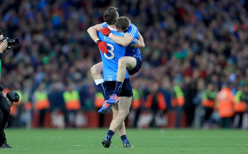 Dublin's Brian Fenton and Dean Rock celebrate at the final whistle after winning the 2016 All-Ireland. Photograph: Donall Farmer/Inpho