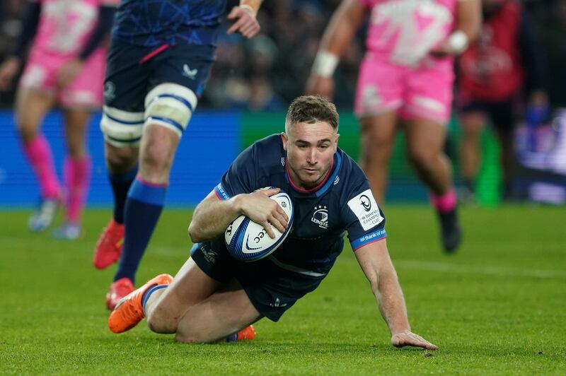 Leinster's Jordan Larmour scores his side's seventh try in the Champions Cup victory over Stade Francais at the Aviva Stadium. Photograph: Brian Lawless/PA Wire.

