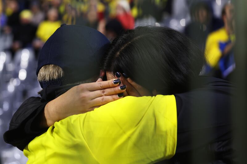 Fans react at half time as the Euro 2024 match between Belgium and Sweden is abandoned in Belgium. Photograph: Getty Images