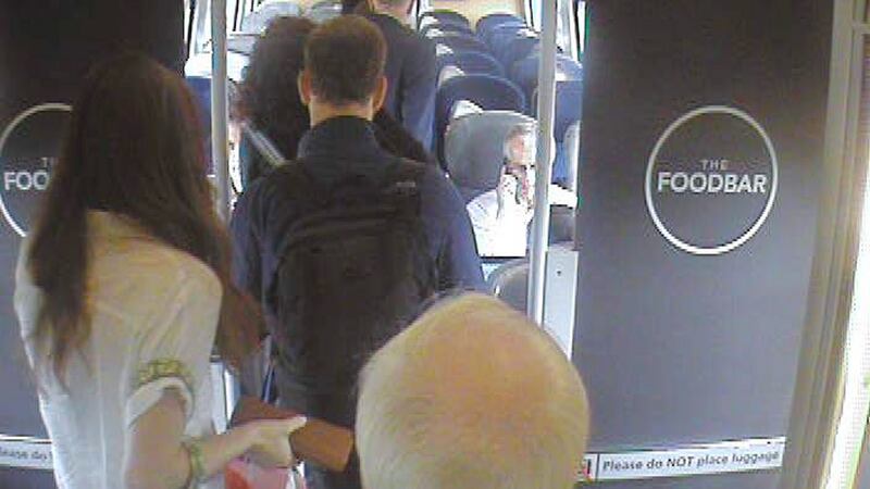 Labour Party leaderJeremy Corbyn (top right) appears to  walk past some empty and unreserved seats in Coach H in the CCTV footage.  Photograph: Virgin Trains/PA