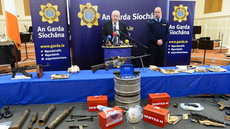 An array of seized dissident republican weaponry displayed by gardaí.  Photograph: Dara Mac Donaill/The Irish Times