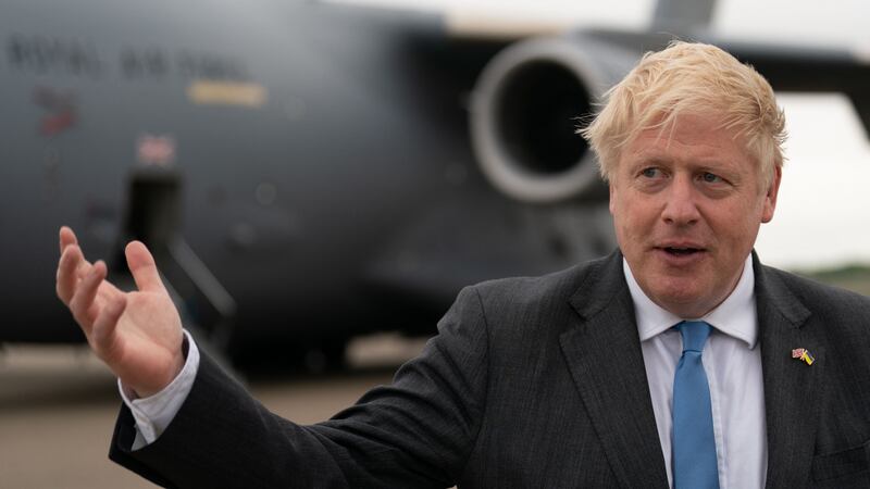 British prime minister Boris Johnson speaks to the media today after arriving at RAF Brize Norton, west of London, after returning from a surprise trip to Kyiv, Ukraine. Photograph: Joe Giddens/AFP/Getty