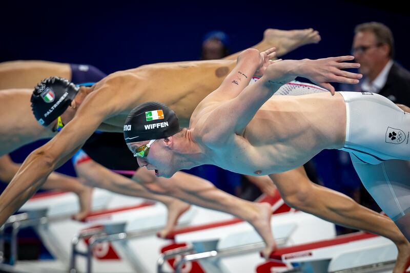 Daniel Wiffen at the start of the 1,500m freestyle final.  Photograph: Morgan Treacy/Inpho