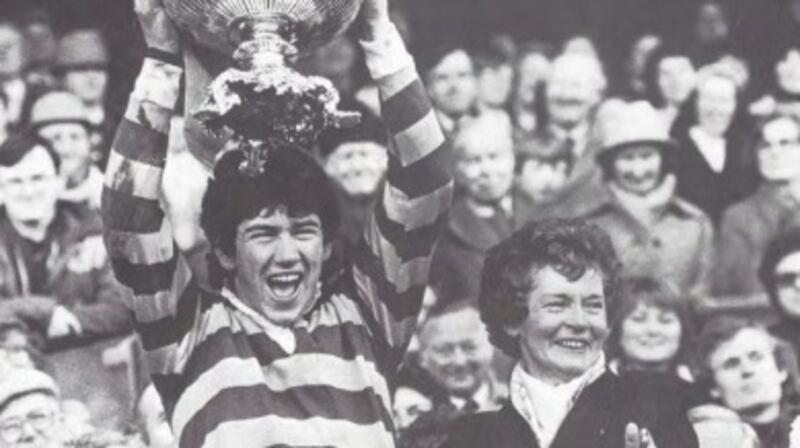 De La Salle captain Michael McArdle lifts the Leinster Schools Senior Cup at Lansdowne Road  in 1983