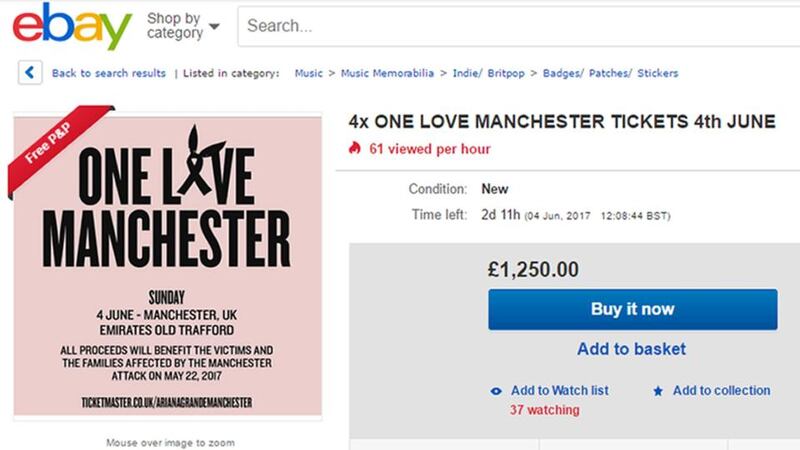 Image taken from eBay of tickets for the One Love Manchester benefit concert being listed for several times face value. Photograph: eBay/PA Wire