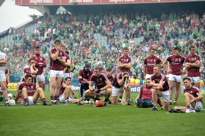 Galway look dejected after Limerick's victory in the 2018 All-Ireland final. Photograph: Dara Mac Dónaill/The Irish Times

