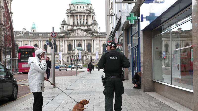 PSNI foot patrol in Belfast. Photograph:  Stephen Davison/Pacemaker Press
