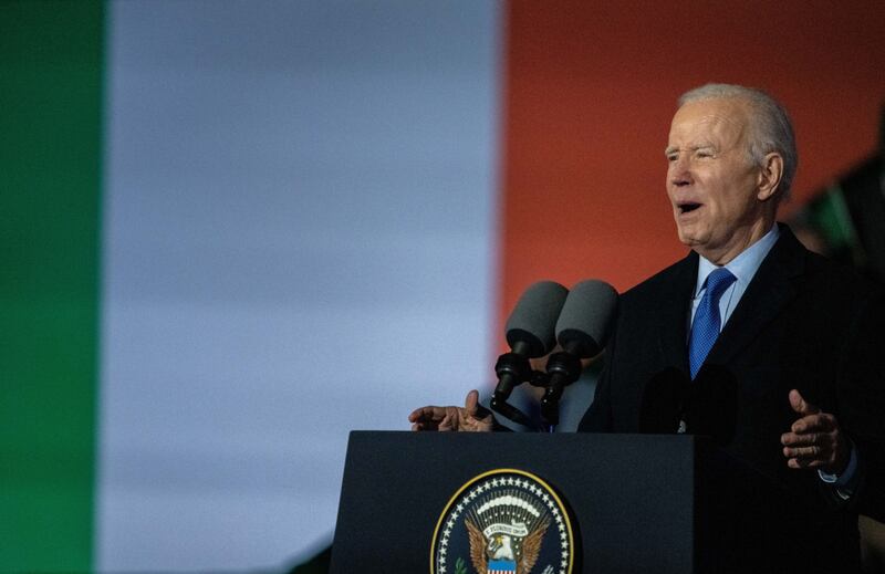 US president Joe Biden speaks outside St Muredach's Cathedral in Ballina, Co Mayo after exploring his Irish heritage. Photograph: Chris J. Ratcliffe/Bloomberg