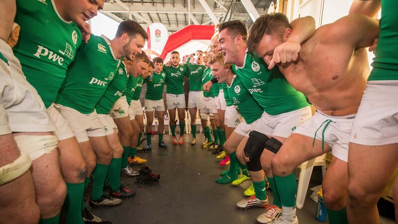Ireland players celebreate after beating Argentina in the  World Rugby U20 Championship semi-final  at Manchester City Academy Stadium. Photograph: Ryan Byrne/Inpho