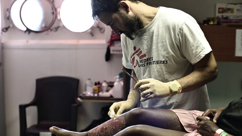 MSF medics on Aquarius continue  daily dressing changes for more than 20 patients who have suffered serious fuel burns. If not treated properly, these burns will go on to cause chronic pain, disfigurement, and horrific scars. Photograph: MSF