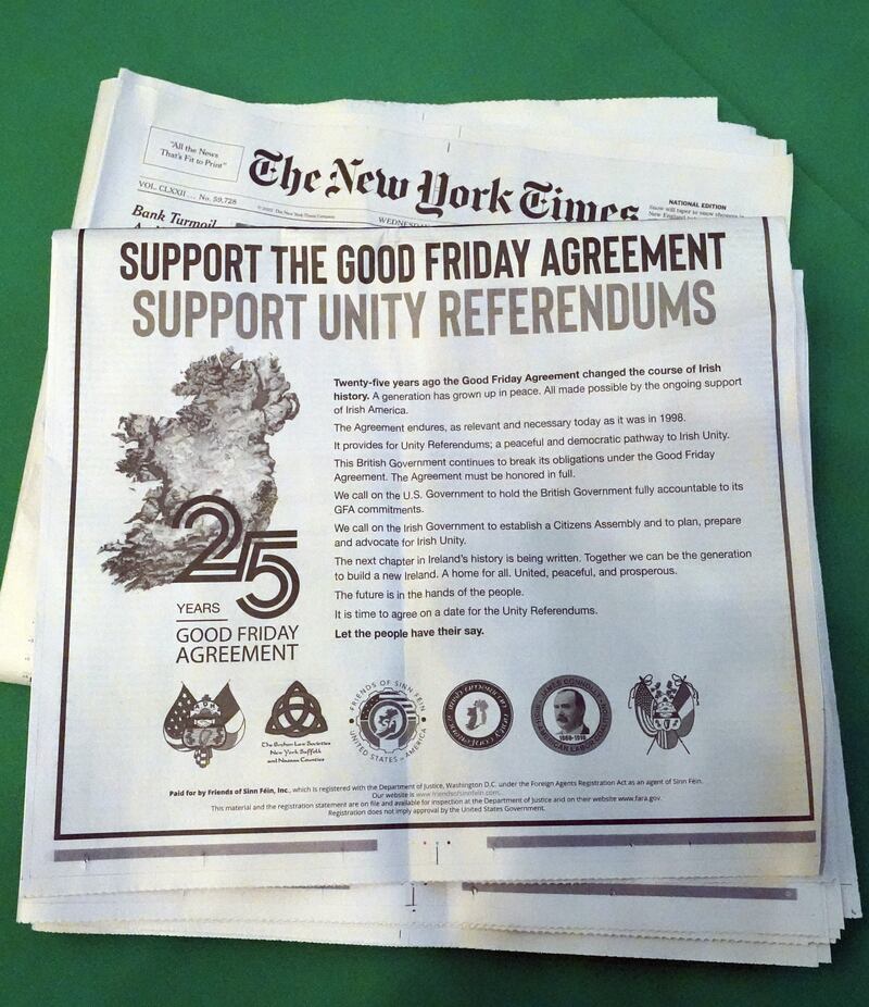 A Sinn Féin advertisement in US newspapers this week seeking a referendum on Irish unity. Photograph: Niall Carson/PA