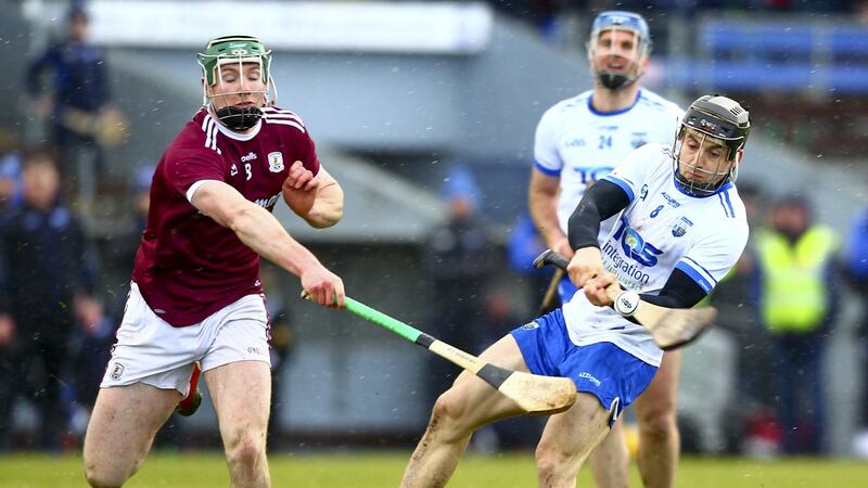 Waterford’s Jamie Barron in action against Galway’s Cathal Mannion during the league semi-final at Nowlan Park. Photograph: Ken Sutton/Inpho