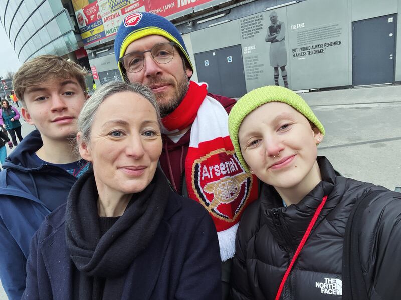 Freya O'Doherty and family outside Arsenal FC's stadium in London