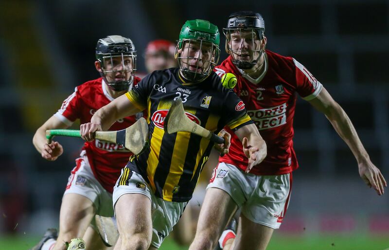Kilkenny's Martin Keoghan in action against Cork's Eoin Downey during the league clash in SuperValu Páirc Uí Chaoimh, Cork. Photograph: Ken Sutton/Inpho