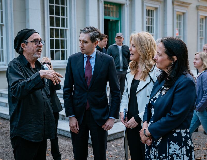 Taoiseach Simon Harris, Minister for Culture and Sport Catherine Martin, chief executive of Fís Éireann/Screen Ireland Désirée Finnegan and director Tim Burton. Photograph: Szymon Lazewski