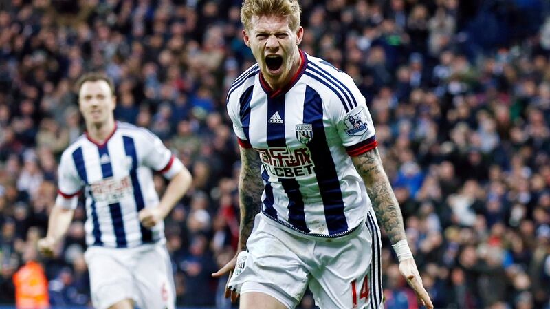 James McClean celebrates scoring the equaliser for West Brom. Photo: Eddie Keogh/Reuters