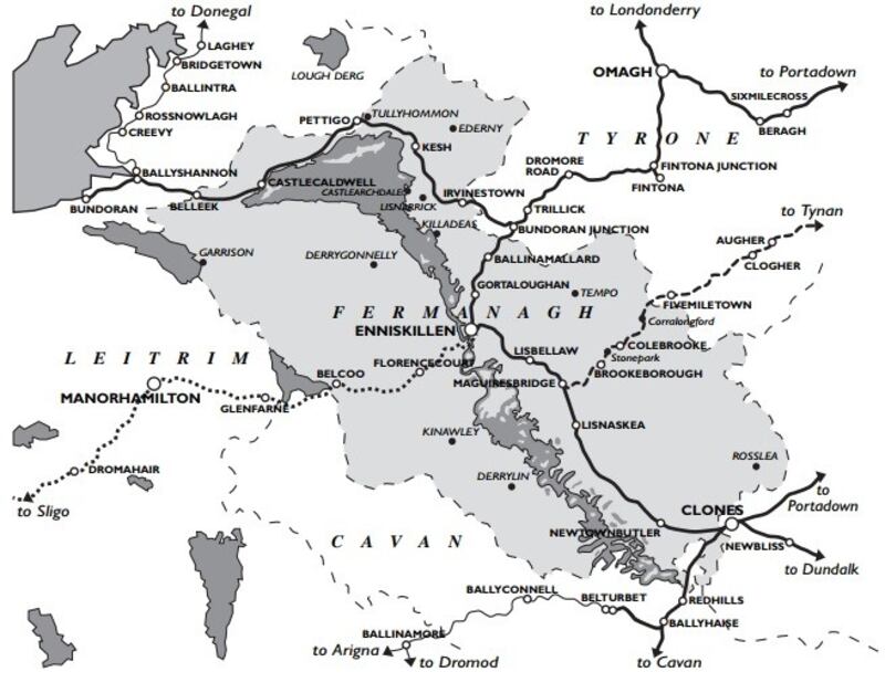 A map showing the Great Northern Railway; the Sligo, Leitrim and Northern Counties Railway; Clogher Valley Railway and other lines