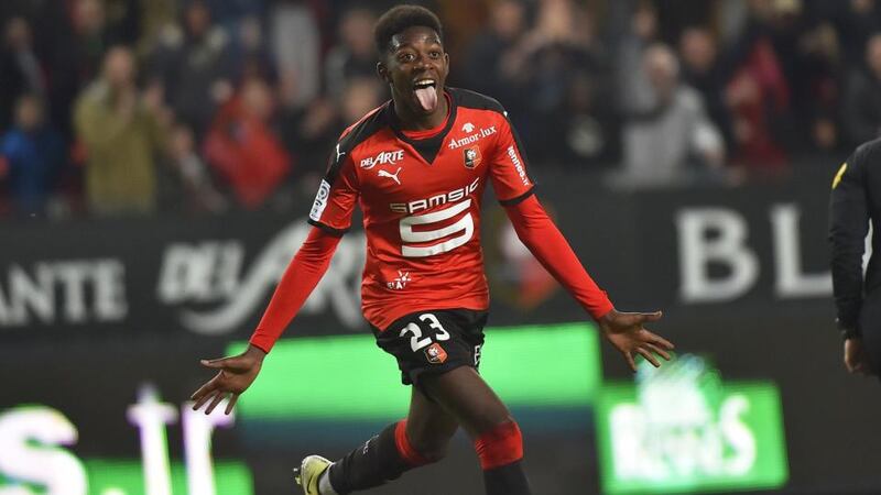Ousmane Dembélé celebrates after scoring for Rennes against  Reims in April 2016. Photograph:  Loic Venance/AFP/Getty Images