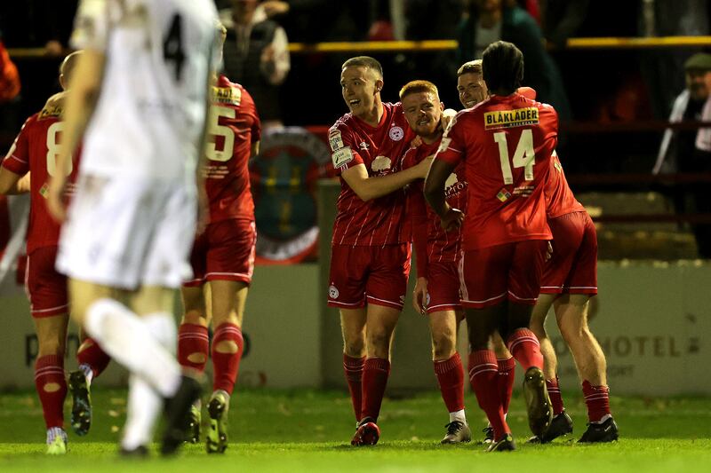 Shelbourne's Aodh Dervin celebrates scoring his side’s sixth in their game against Drogheda United in October. Photograph: ©INPHO/Laszlo Geczo 