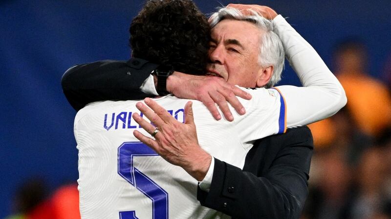 Real Madrid’s Spanish defender Jesus Vallejo is congratulated by manager Carlo Ancelotti. Photograph: Gabriel Bouys/AFP via Getty