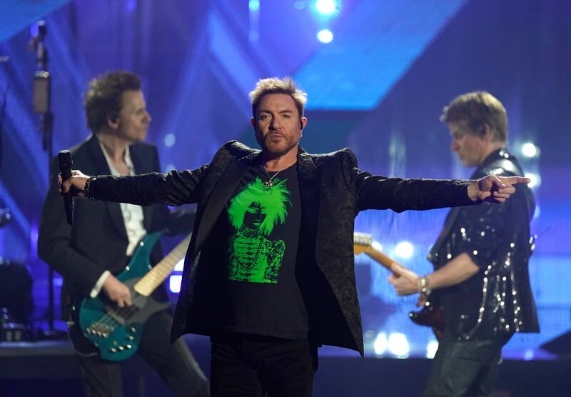 John Taylor, Simon Le Bon, and Roger Taylor of Duran Duran perform during the Rock & Roll Hall of Fame induction ceremony on Saturday. Photograph: Chris Pizzello/AP