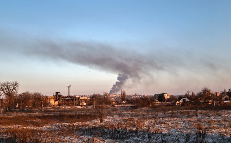 Smoke rises after shelling in Soledar, in the Donetsk region. Photograph: Roman Chop/AP
