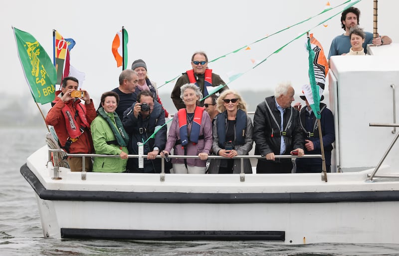 Catherine Connolly and her husband Brian McEnery, at back, at the blessing of the bay and boats ceremony off Galway city in August.
Photograph: Joe O'Shaughnessy