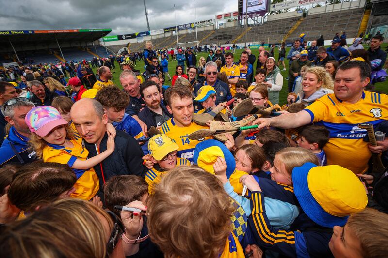 Clare’s Shane O’Donnell surrounded by fans after the game. Photograph: Ryan Byrne/Inpho