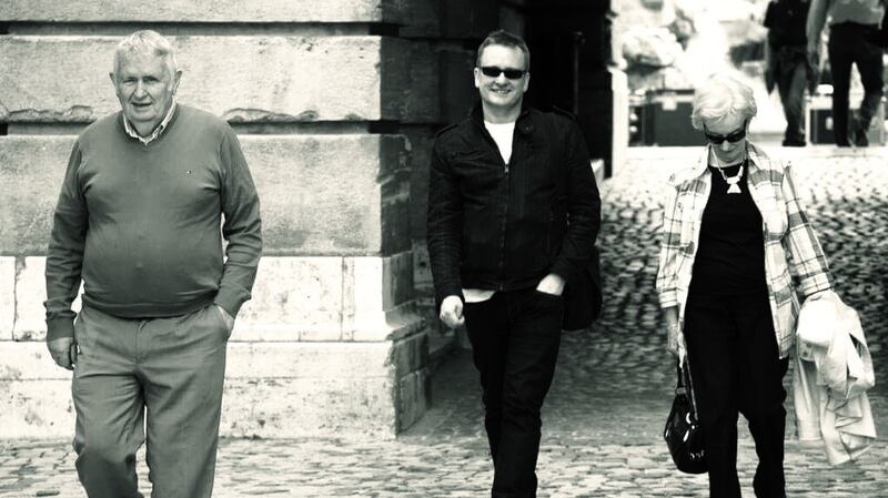 The late Barney Rorke (L) with his son Bernard (C) and wife Kay (R) in Budapest castle in  May 2015. Photograph: Bernard Rorke
