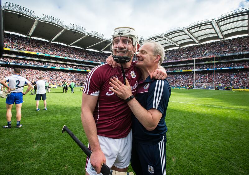 Celebrating with manager Micheál Donoghue after the 2017 All-Ireland final against Waterford. Photograph: Cathal Noonan/Inpho

