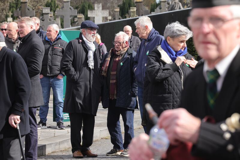 Gerry Adams speaks to Nicky Kelly at the funeral of Rose Dugdale, at the Crematorium Chapel in Glasnevin, Dublin on Wednesday. Photograph: Alan Betson/The Irish Times