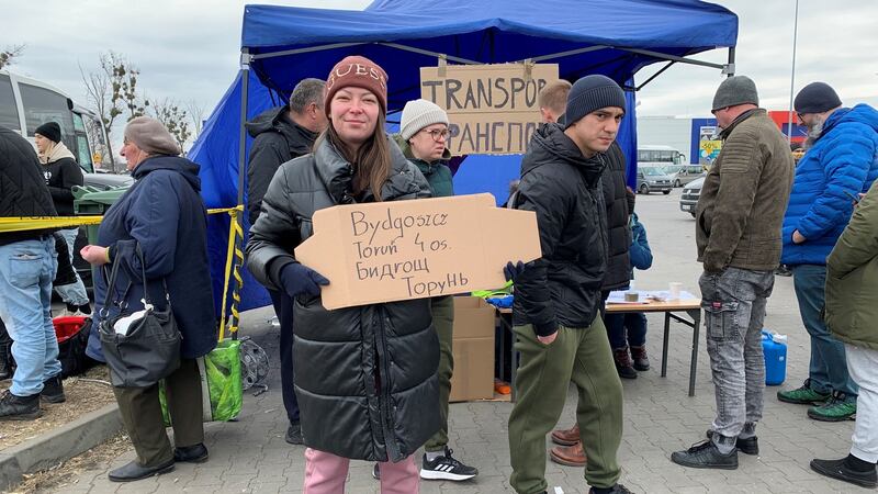 Justina Ruschka drove 600 km with 15 litres of goulash soup for refugees from Ukraine, and offers to drive them to central Poland on her return journey. Photograph: Lara Marlowe