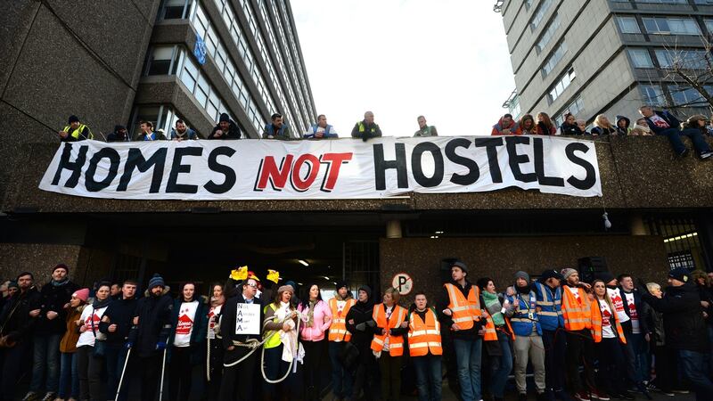 Homelessness activists at Apollo House in January 2017 as a court action was taking place regarding the occupation of the building, for the purpose of  providing housing.  File photograph: Dara Mac Dónaill