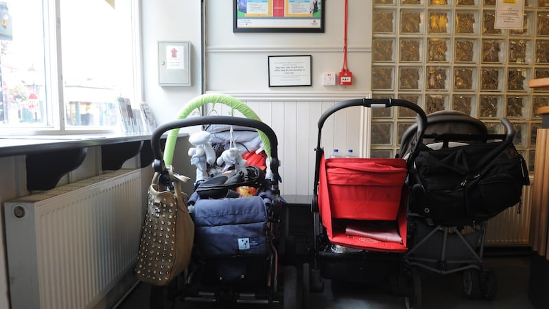 Prams and buggies picutred in Focus Ireland’s coffee shop where an evening homless service for families is situated. Photograph: Aidan Crawley/The Irish Times.