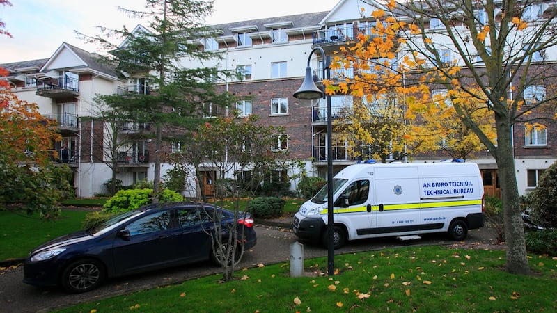 Members of the Garda at  Hampton Square, Dublin where the body of a man was discovered. Photograph: Gareth Chaney Collins