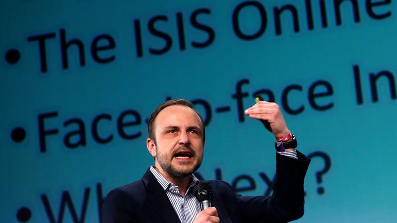 Professor Peter Neumann speaking at the  ‘Re:publica’ digital conference in Berlin. “The number of cases where people have been entirely radicalised by the internet is tiny, tiny tiny.” Photograph: Felipe Trueba/EPA