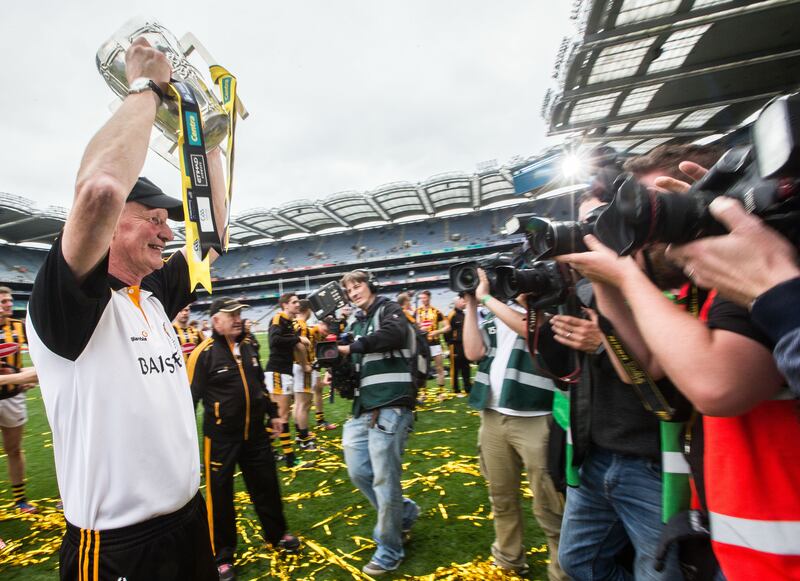 Kilkenny manager Brian Cody lifts the Liam MacCarthy Cup in 2015, which was the last time Kilkenny were All-Ireland champions. Photograph: James Crombie/Inpho