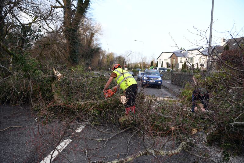 Tree surgeon Kevin Buckley and resident Ger Maher clear a fallen tree from the N72 main Killarney-to-Killorglin Ring of Kerry road. Photograph: Don MacMonagle