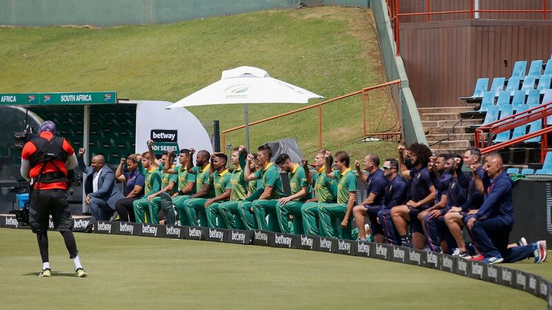 The South African team take a knee ahead of the first one-day international against the  Netherlands at SuperSport Park in Centurion. Photograph:  Phill Magakoe/AFP via Getty Images